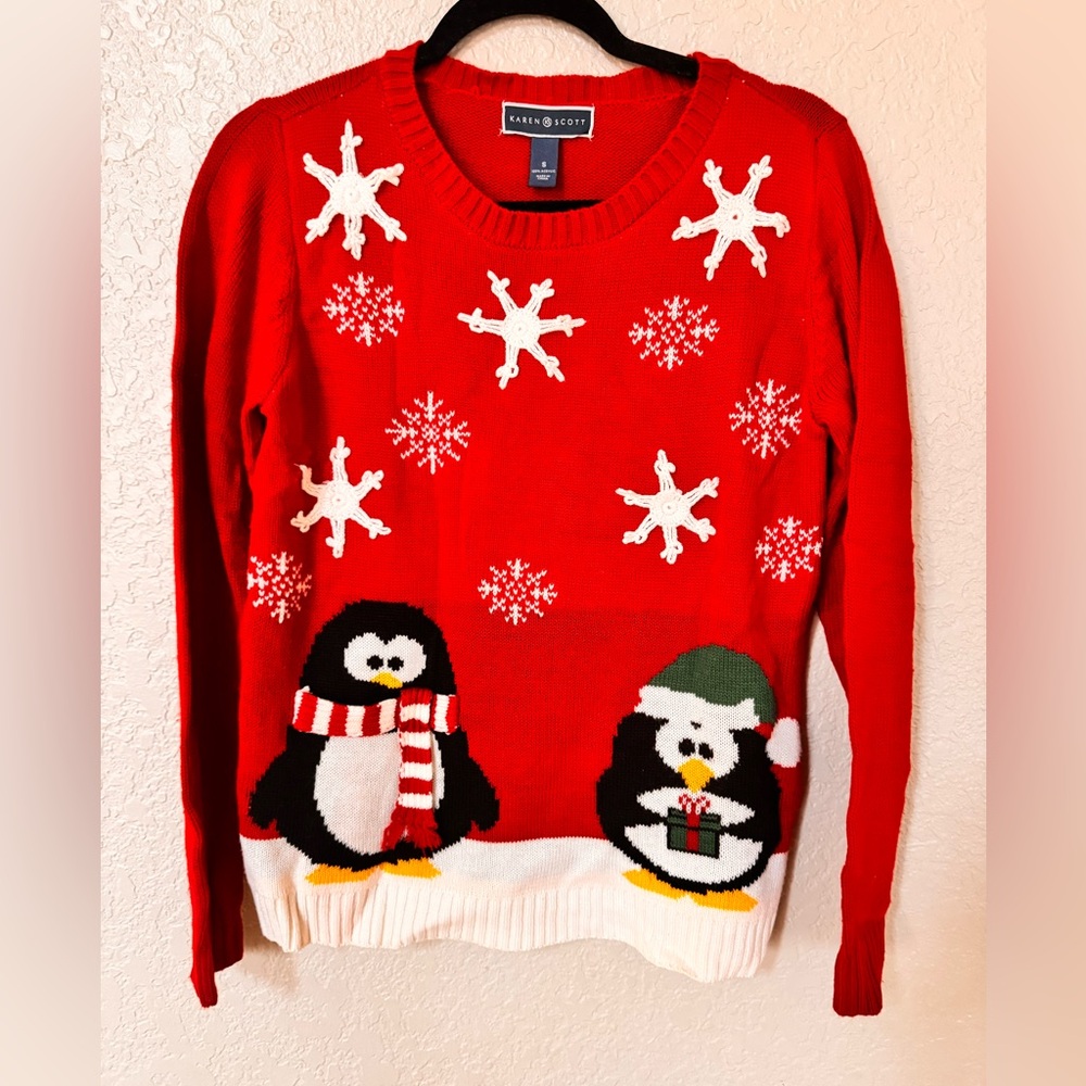 Karen Scott Festive Red Sweater with Penguins